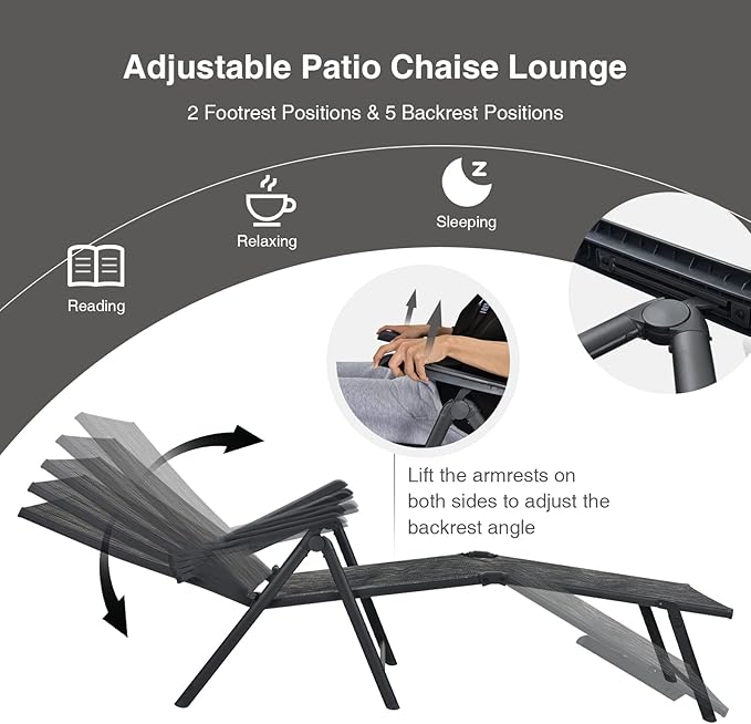 COSTWAY Folding Chaise Lounge, Lightweight & Breathable Fabric, Outdoor Tanning Recliner Chair for Deck, Beach (Grey) - Photo 5