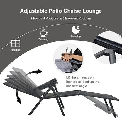 Giantex Set of 2 Patio Lounge Chair Foldable Chaise Lounger, Outdoor Sunbathing Chair W/ 5-Position Backrest, 2-Position Footrest, Portable Recliner for Yard, Lawn Tanning Pool Chairs (Grey)
