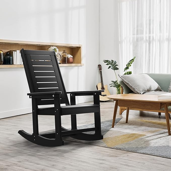 GREENVINES Outdoor Rocking Chairs | Set of 4 | Porch Rocker | HDPE Plastic | Black | Oversized Rockers | High Back - Photo 2