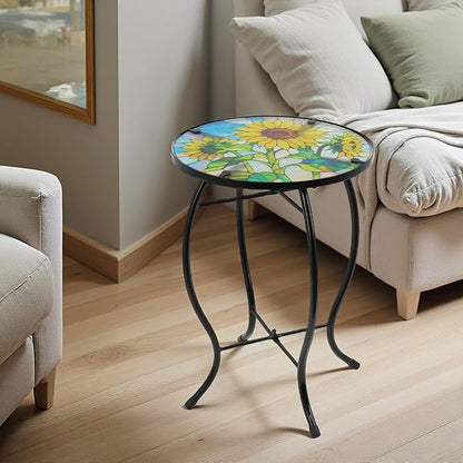 Small Side Table with Metal Frame, 10.5" Round Side Tables with Sunflower Pattern,Outdoor Table for Balcony,Terrace,Garden,Living Room