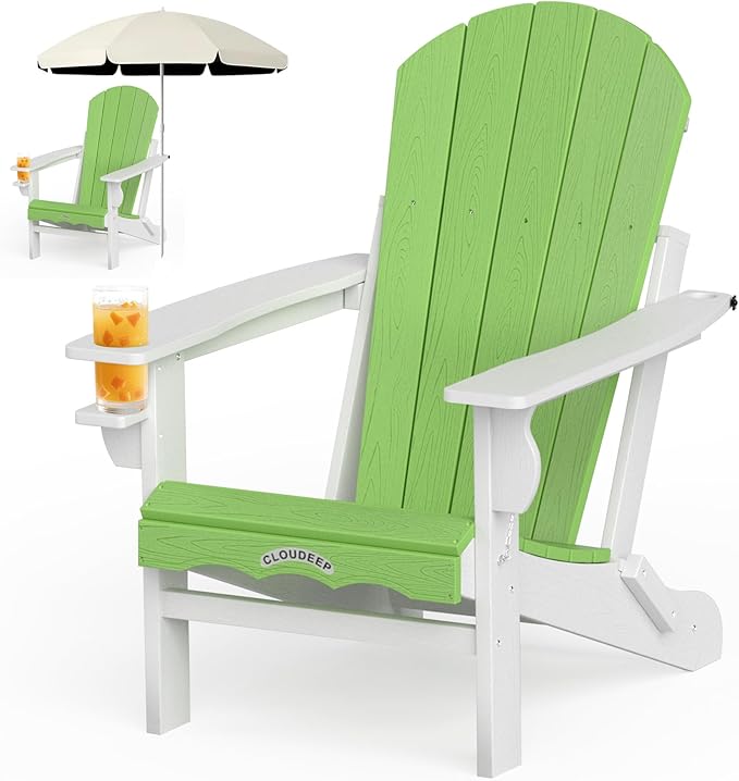 Folding Adirondack Chair –Recyclable HDPE Outdoor Adirondack Patio Chair with Cup Holder, Wood Texture & Umbrella Hole - Photo 1