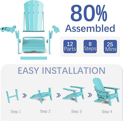 FOOWIN Adirondack Chair with Retractable Ottoman,HDPE Folding Adjustable Adirondack Chair w/4 in 1 Cup Holder Trays,All-Weather Resistant Fire Pit Chair for Outdoor Patio Lawn Set of 6