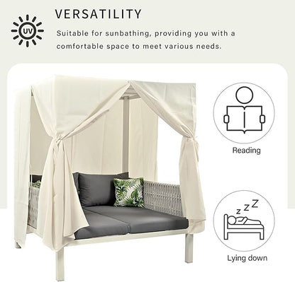 Merax Outdoor Patio Daybed with Soft Cushions and Curtains, Double Chaise Lounge Sunbed with Rubber Core Rope Backrest and Comfy Pillows for Outside Pool, Garden, Backyard, Lawn, Gray+Beige