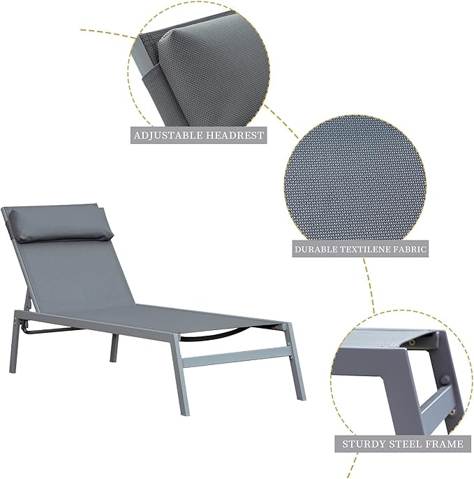 Domi 3 Pieces Adjustable Chaise Lounge Set Outdoor Patio Lounge Chair All Weather Five-Position Recliner Chair Set - Photo 6