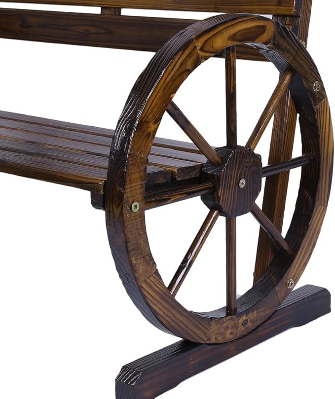 Patio Garden Wooden Wagon Wheel Bench, Rustic Wood Design Outdoor Wagon Wheel Bench Outdoor Furniture Decor (Tan Color)