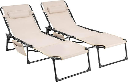 NUU GARDEN Set of 2 Folding Oxford Chaise Lounge Chair, Patio Tanning Chair with Face Hole Adjustable 5-Position Chaise Lounge Chairs, Reclining Lounge Chair with Pillow for Beach, Pool, Pool, Khaki