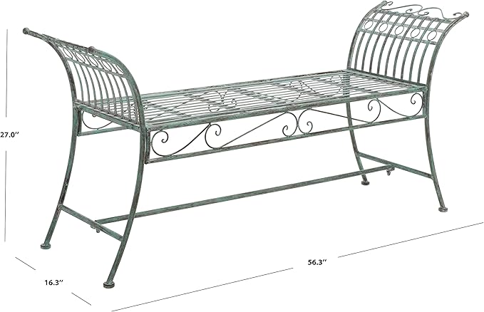 SAFAVIEH Outdoor Collection Hadley Victorian Scroll Antique Dark Green Wrought Iron Bench