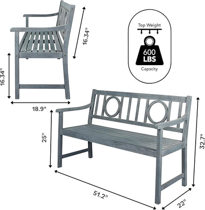 JONATHAN Y BNH104B Apollo 51.2" 3-Seat Circle-Back 600-Lbs Support Acacia Wood Outdoor Garden Patio Bench for Garden, Lawn, Backyard, Pool, Deck, Beach, Firepit, Gray