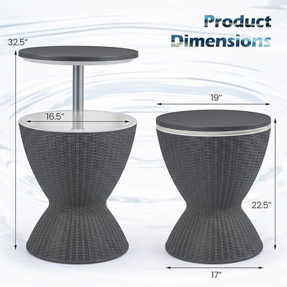 Giantex Outdoor Ice Cooler Side Table with Adjustable Height, 8 Gal Beverage Bucket with Drain Plug, Rattan Patio Bar Table for Poolside, Deck, BBQ & Backyard Parties