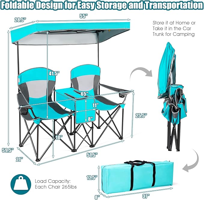 S AFSTAR Double Camping Chair w/Shade Canopy, 2-Person Folding Camp and Beach Chair with Mini Table Beverage Cup Holder Carrying Bag, Collapsible Camping Chairs for Garden Patio Pool Beach