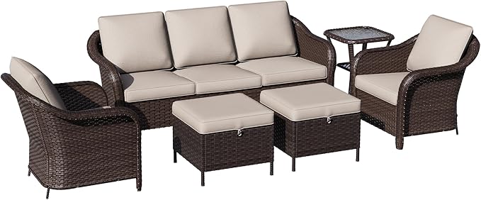 6 Piece Patio Wicker Conversation Set, All-Weather Use Outdoor Wicker Sofa with 2 PE Rattan Ottomans, 2 Chair - Photo 8