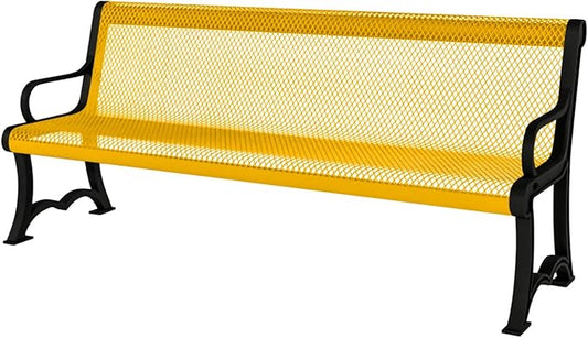 COATEDOUTDOORFURNITURE Coated Outdoor Furniture Heavy-Duty Outdoor Bench Thermoplastic Coated, Expanded Metal, Commercial-Grade Garden Bench, Made in America (Portable with Back, 4 Ft, Yellow)