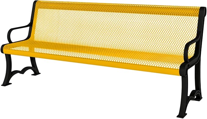 COATEDOUTDOORFURNITURE Heavy-Duty Outdoor Bench Thermoplastic Coated, Expanded Metal, Commercial-Grade Garden Bench, Made in America (Portable with Back, 4 Ft, Textured Yellow)