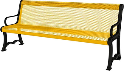 COATEDOUTDOORFURNITURE Heavy-Duty Outdoor Bench Thermoplastic Coated, Expanded Metal, Commercial-Grade Garden Bench, Made in America (Portable with Back, 4 Ft, Textured Yellow)