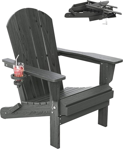 Outdoor Folding Adirondack Chair Set of 1 for Patio Fire Pit, Wooden Textured HDPE Adjustable Chairs with Cup Holder, Waterproof All Weather Resistant Plastic for Pool Lawn Garden Backyard(Gray)