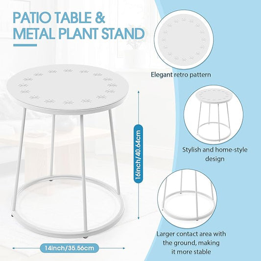 Outdoor Side Table with Flower Cut Outs 14" Weather Resistant Metal Patio Side Tables Small Plant Stand Round Outdoor End Table for Patio Outside Porch Balconies Garden(White,Fashion)