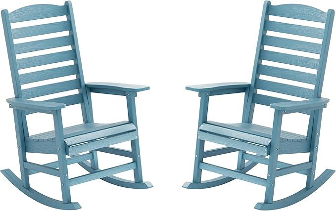 YEFU Outdoor Rocking Chair Set of 2,Poly Porch Rocker with Curved Backrest,All Weather Patio Rocking Chair,Like Real Wood,for Indoor,Lawn, Backyard,Garden,Heavy Duty,Weight Capacity 380lbs(Blue)
