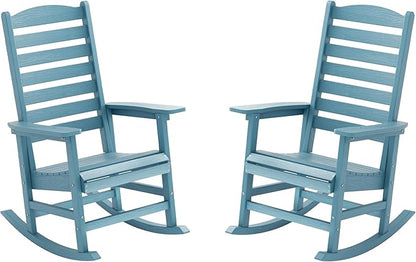 YEFU Outdoor Rocking Chair Set of 2,Poly Porch Rocker with Curved Backrest,All Weather Patio Rocking Chair,Like Real Wood,for Indoor,Lawn, Backyard,Garden,Heavy Duty,Weight Capacity 380lbs(Blue)