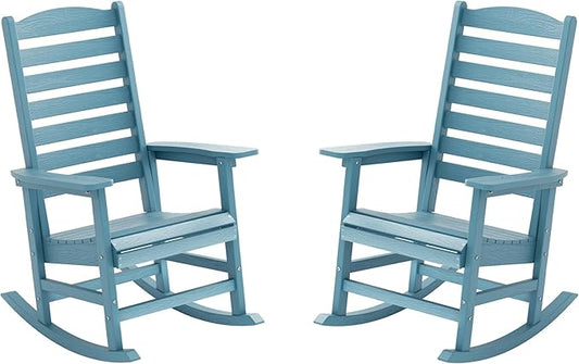 YEFU Outdoor Rocking Chair Set of 2,Poly Porch Rocker with Curved Backrest,All Weather Patio Rocking Chair,Like Real Wood,for Indoor,Lawn, Backyard,Garden,Heavy Duty,Weight Capacity 380lbs(Blue)