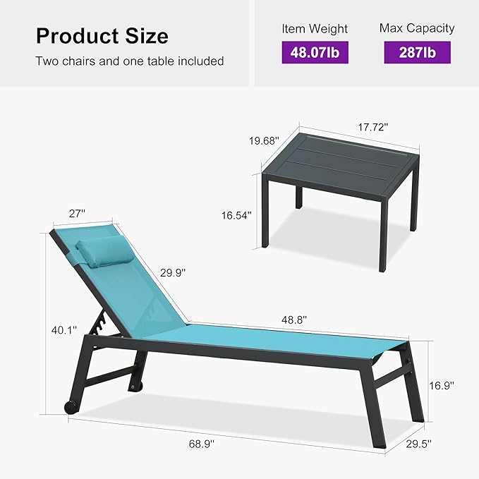 PURPLE LEAF Outdoor Oversized Lounge Chair Set of 3 Patio Chaise Pool Lounger Aluminum Frame with Side Table and Wheels - Photo 9