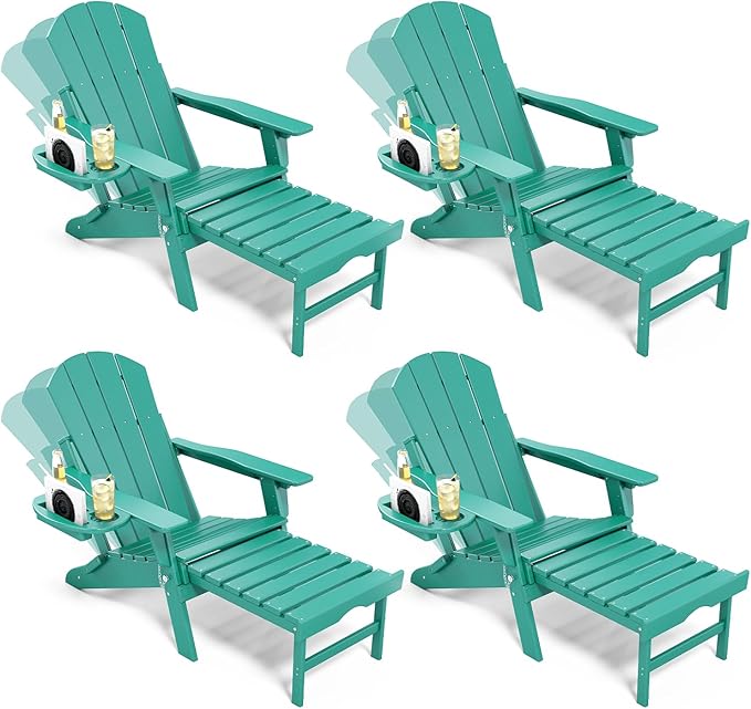 Adjustable Adirondack Chair with Retractable Ottoman Set of 4, HDPE Folding Adirondack Chair with Cup Holder, All Weather Fire Pit Chair for Outdoor.