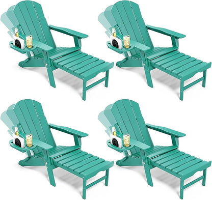 Adjustable Adirondack Chair with Retractable Ottoman Set of 4, HDPE Folding Adirondack Chair with Cup Holder, All Weather Fire Pit Chair for Outdoor.