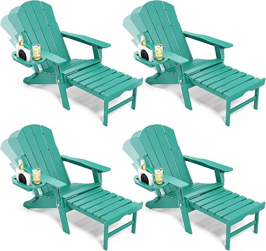 Adjustable Adirondack Chair with Retractable Ottoman Set of 4, HDPE Folding Adirondack Chair with Cup Holder, All Weather Fire Pit Chair for Outdoor.
