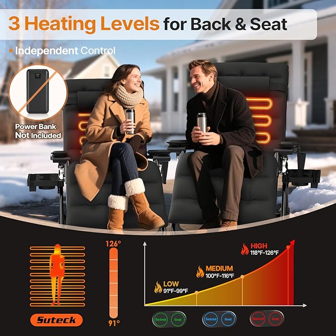 Suteck Heated Zero Gravity Chair, 29" XL Oversized Reclining Lounge Chair with 3 Heat Levels for Back & Seat, Armrest Pads, Cushion & Headrest, Upgraded Lock & Footrest, 500LBS(Battery Not Included)