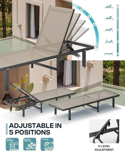 Lounge Chair Outdoor with Wheels, Aluminum Patio Chaise Lounge Chair with 5 Adjustable Backrest - Easy to Move- Pool Lounge Chairs for Deck, Beach, Poolside （Khaki