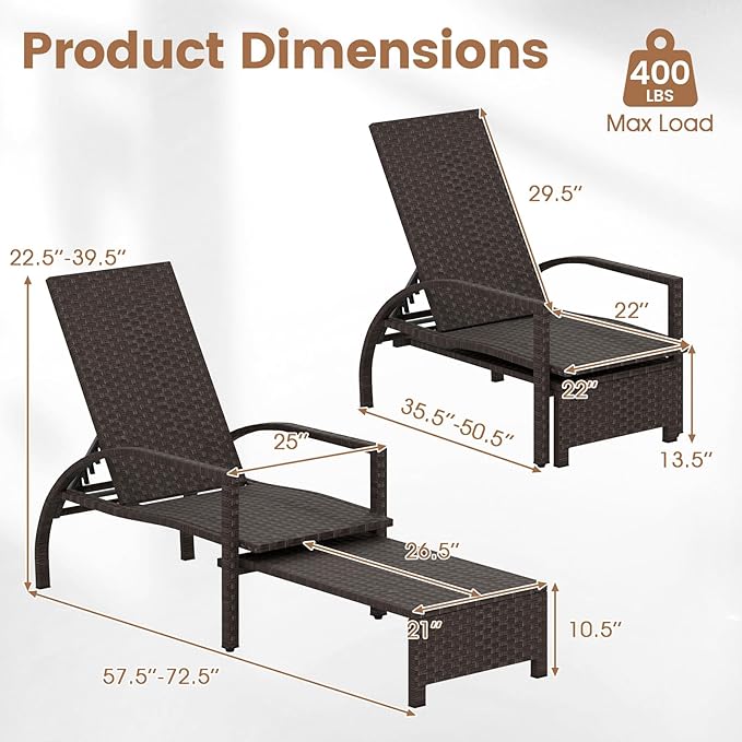 Tangkula Lounge Chair Outdoor Set of 2, Patio Rattan Chaise Lounge with Retractable Ottoman, 6-Level Adjustable Backrest - Photo 3