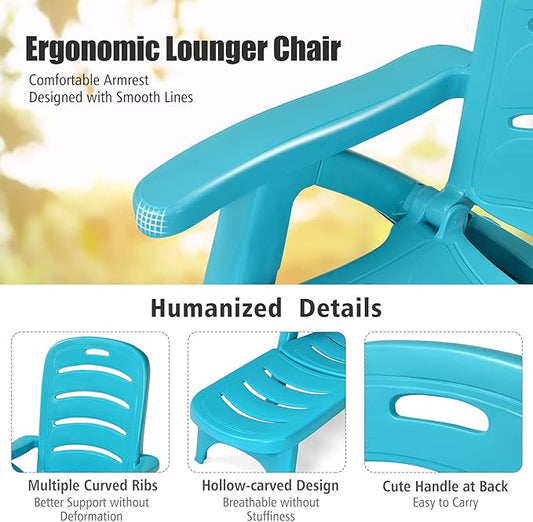 Moccha Folding Chaise Lounge Chair - Plastic Patio Lounger w/ 2 Rolling Wheels, 5-Adjustable Positions, Armrests, Outdoor Lounge Recliner for Poolside Yard Garden Sunbathing Beach Chair (1, Turquoise)