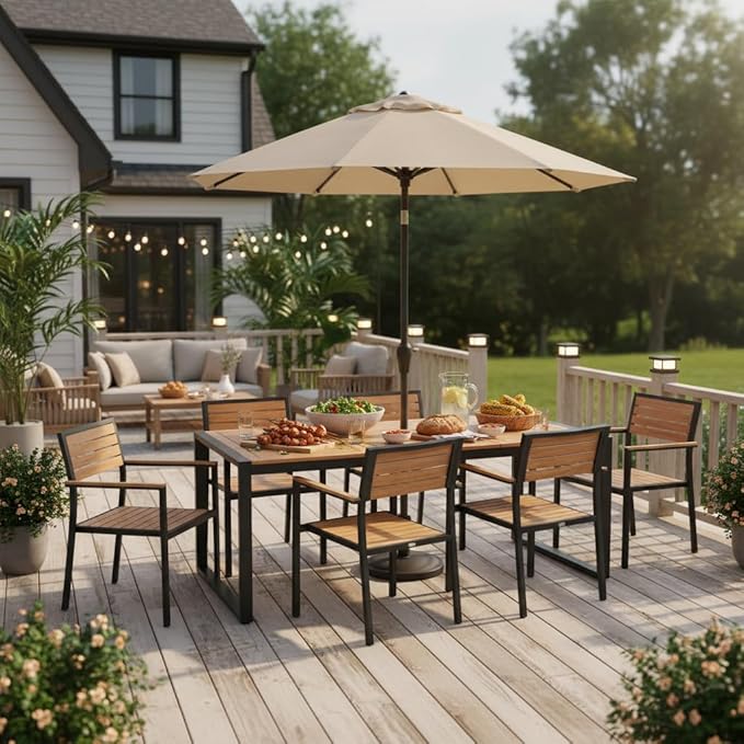 Tangkula 79 Inches Acacia Wood Outdoor Dining Table for 8, Large Rectangular Patio Table with 1.9" Umbrella Hole, Heavy Duty Metal Legs & Adjustable Foot Pads, Outside Table for Patio, Garden, Yard
