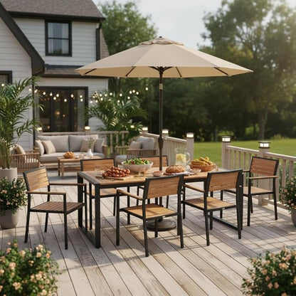 Tangkula 79 Inches Acacia Wood Outdoor Dining Table for 8, Large Rectangular Patio Table with 1.9" Umbrella Hole, Heavy Duty Metal Legs & Adjustable Foot Pads, Outside Table for Patio, Garden, Yard