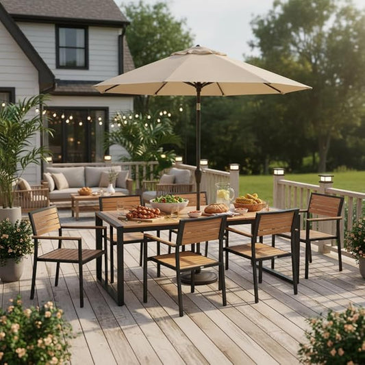 Tangkula 79 Inches Acacia Wood Outdoor Dining Table for 8, Large Rectangular Patio Table with 1.9" Umbrella Hole, Heavy Duty Metal Legs & Adjustable Foot Pads, Outside Table for Patio, Garden, Yard