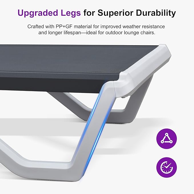 PURPLE LEAF Outdoor Chaise Lounge Set of 3 Plastic Pool Lounge Chair with Metal Side Table Patio Stackable Lounger Chair for Poolside Sunbathing Beach Deck Yard, Dark Grey