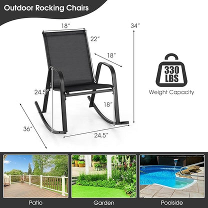 Giantex Outdoor Rocking Chairs Set of 2, Patio Rocking Chairs w/Breathable Seat & Back, Heavy-Duty Metal Support, Ergonomic Outside Rocker for Backyard, Poolside, Garden (1, Black)