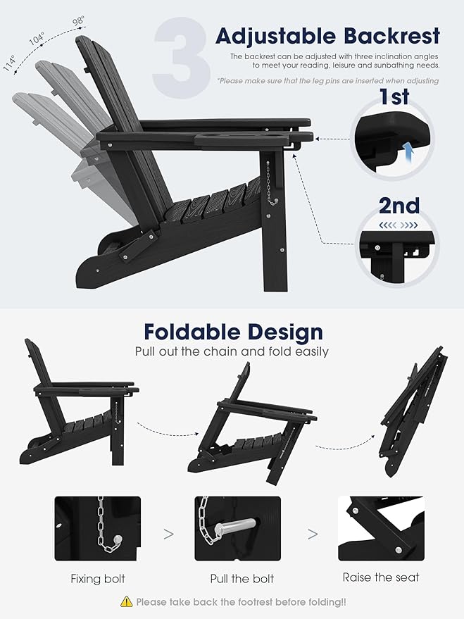 KINGYES Adjustable Folding Adirondack Chair with Footrest & 4-in-1 Multi-Functional Armrest Organizer Set of 2 - Photo 4