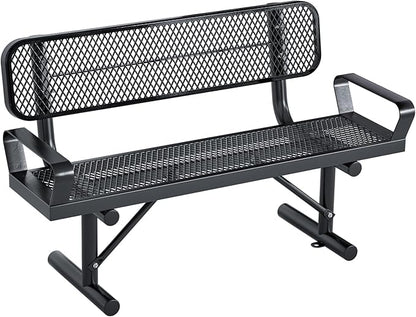 4 Feet Heavy Duty Park Bench with Armrests & Back Portable Frame, Outdoor Steel Bench with Backrest, Expanded Metal Mesh Bench for Lawn, Park, Deck, Garden, Patio, Porch, Black