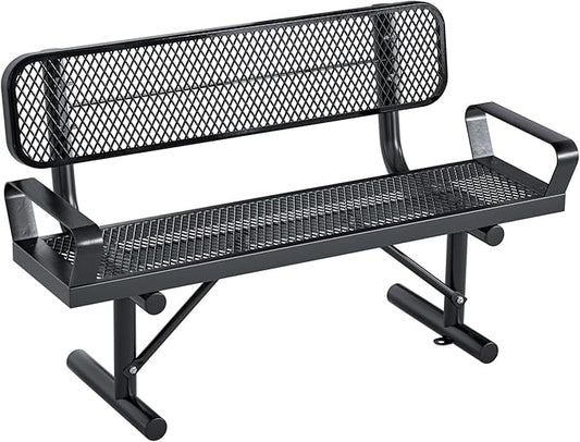 4 Feet Heavy Duty Park Bench with Armrests & Back Portable Frame, Outdoor Steel Bench with Backrest, Expanded Metal Mesh Bench for Lawn, Park, Deck, Garden, Patio, Porch, Black