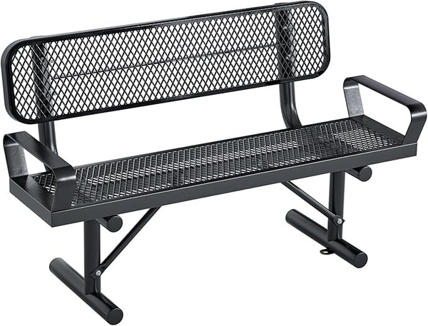 4 Feet Heavy Duty Park Bench with Armrests & Back Portable Frame, Outdoor Steel Bench with Backrest, Expanded Metal Mesh Bench for Lawn, Park, Deck, Garden, Patio, Porch, Black
