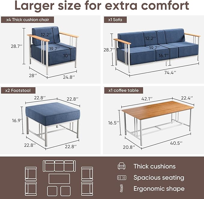 10-inch Thick Cushion Outdoor Furniture Set of 9, Patio Chair Set with Sofa, Wood Grain armrests, trapezoidal backrest - Photo 2