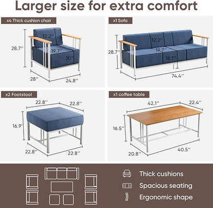 10-inch Thick Cushion Outdoor Furniture Set of 9, Patio Chair Set with Sofa, Wood Grain armrests, trapezoidal backrest, Indoor/Outdoor Balcony Seating,White | Blue