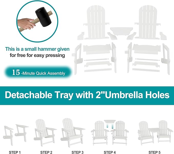 JY QAQA Outdoor Adirondack Chair Set of 2, All-Weather HDPE Patio Furniture with Detachable Table, Wood Texture & Cup Holder for Patio, Poolside, Garden, White