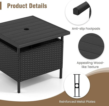 Tangkula Outdoor Wicker Table, Rattan Coffee Table with Umbrella Insert Hole, HDPE Tabletop & Sturdy Metal Frame, Patio Umbrella Side Table Stand for Backyard, Garden, Poolside (Black)
