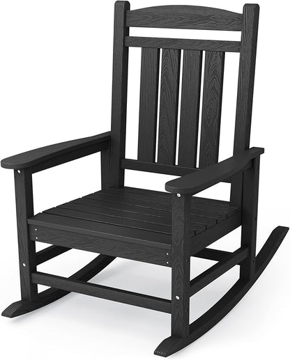 KINGYES HDPE Outdoor Rocking Chair, Widened Seat Patio Rocking Chair, Oversized All Weather Patio Rocker, Black