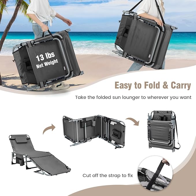 Tangkula Tanning Chair, Outdoor Folding Beach Lounge Chair with Face Hole, Adjustable Footrest, Removable Pillow - Photo 7
