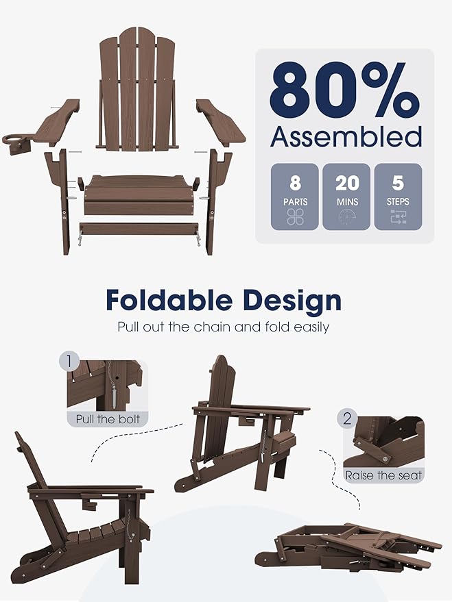KINGYES Adjustable Folding Adirondack Chair Set of 4, 3-Position Reclining Adirondack Chairs with Cup Holder, HDPE All-Weather Oversized Adirondack for Outdoor, Patio, Backyard Deck, Fire Pit, Brown