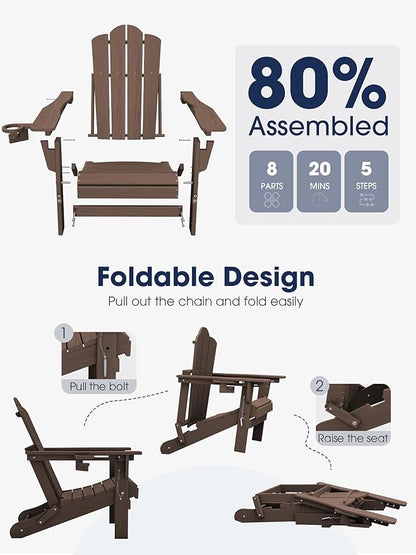 KINGYES Adjustable Folding Adirondack Chair Set of 4, 3-Position Reclining Adirondack Chairs with Cup Holder, HDPE All-Weather Oversized Adirondack for Outdoor, Patio, Backyard Deck, Fire Pit, Brown