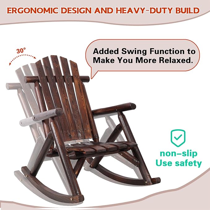 Wooden Rocking Chair Outdoor, Ergonomic High Back Patio Rocking Chairs, Porch Rocker for Backyard/Lawn/Patio/Garden/Balcony/FirePit/Indoor (Brown)