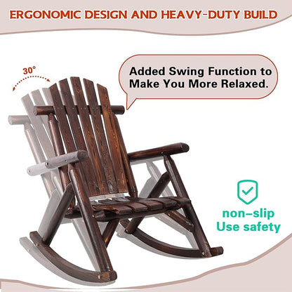 Wooden Rocking Chair Outdoor, Ergonomic High Back Patio Rocking Chairs, Porch Rocker for Backyard/Lawn/Patio/Garden/Balcony/FirePit/Indoor (Brown)